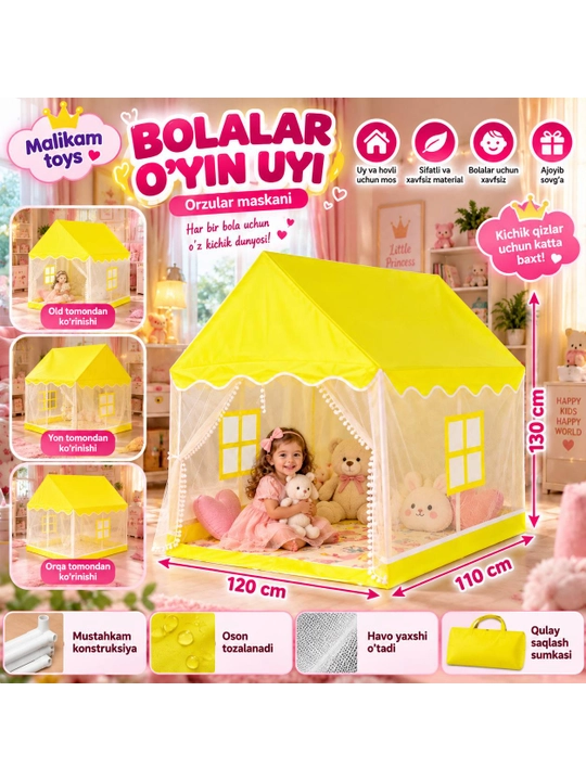Bolalar o‘yin chodiri, uycha, derazalari bor uycha, bolalar uchun yig‘ma uy palatka domik