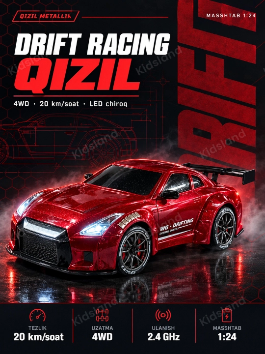 Drift mashina 4WD 1:24, LED chiroq, 20 km/soat, akkumulyator,  8+ kod. 30225 - 