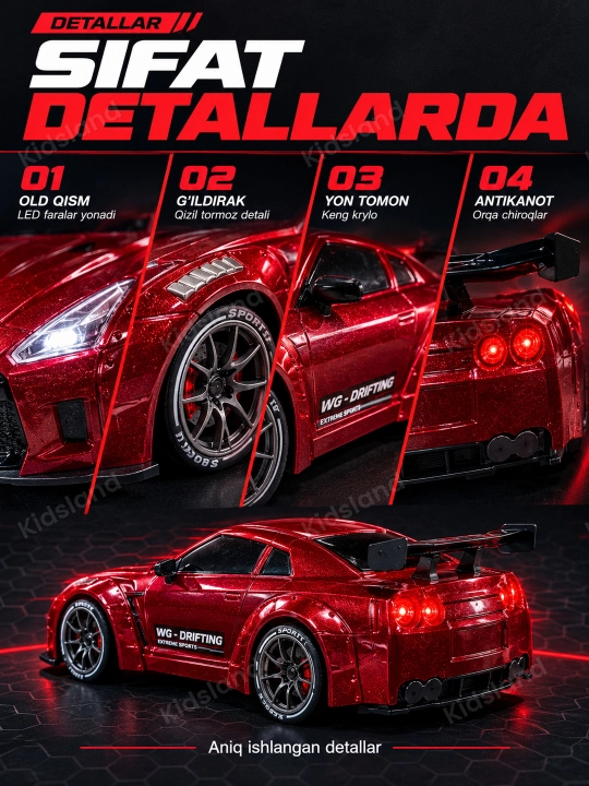 Drift mashina 4WD 1:24, LED chiroq, 20 km/soat, akkumulyator,  8+ kod. 30225
