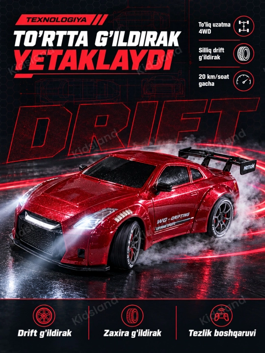 Drift mashina 4WD 1:24, LED chiroq, 20 km/soat, akkumulyator,  8+ kod. 30225