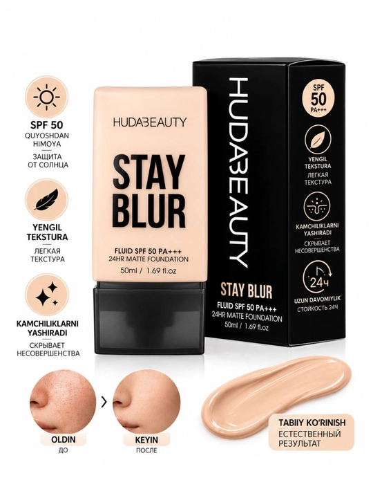 Huda Beauty Stay Blur tonal krem, SPF 50 PA+++, mat effekt, 50 ml - 