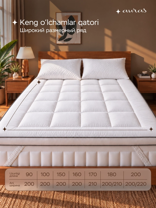 AURAS Soft Cloud Topper – Yumshoq matras himoyasi, rezinali, nafas oluvchi mato