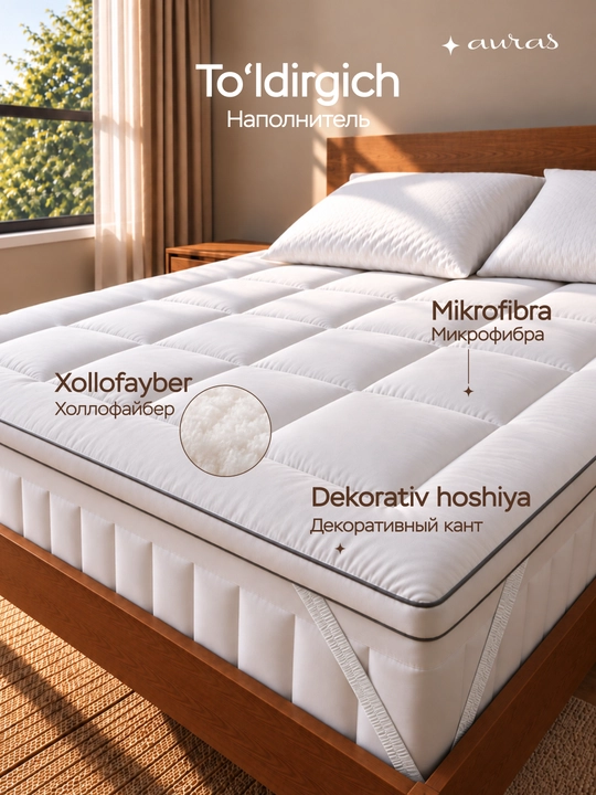 AURAS Soft Cloud Topper – Yumshoq matras himoyasi, rezinali, nafas oluvchi mato