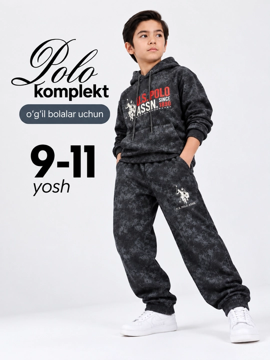 O‘g‘il bolalar uchun Polo sport komplekti, kapyushonli xudi va shim, 9-11 yosh