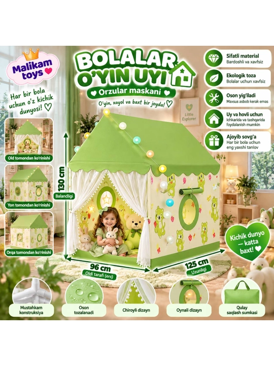 Bolalar o‘yin chodiri, uycha, derazalari bor uycha, bolalar uchun yig‘ma uy palatka domik - 
