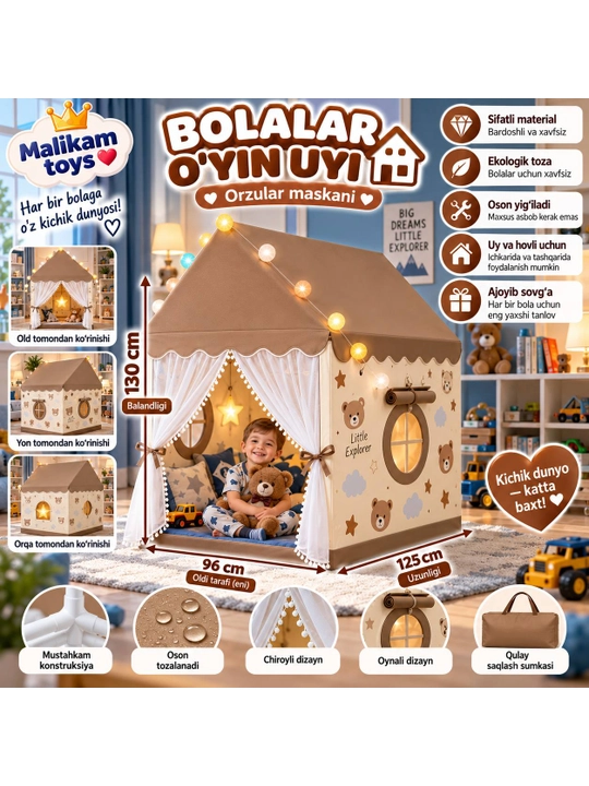 Bolalar o‘yin chodiri, uycha, derazalari bor uycha, bolalar uchun yig‘ma uy palatka domik - 