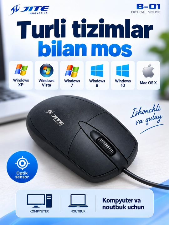 JITE B-01 simli optik sichqoncha, USB, 1000 DPI, 1,3 m kabel, qora
