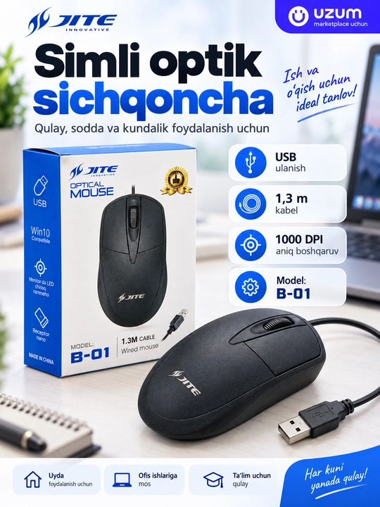 JITE B-01 simli optik sichqoncha, USB, 1000 DPI, 1,3 m kabel, qora