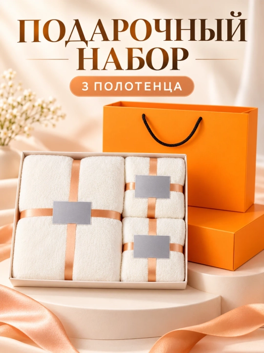 Набор полотенец подарочный, 3 шт, хлопок, в коробке с пакетом - 