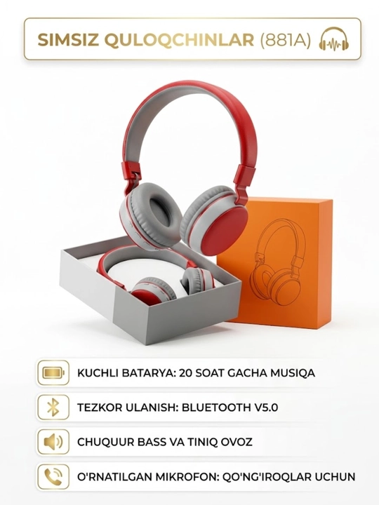 Simsiz bluetooth naushnik Wireless 881A, kompyuter va telefon uchun, mikrofonli - 