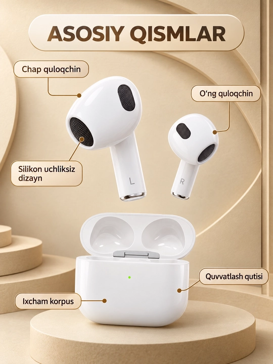 Simsiz Bluetooth quloqchinlar, vakuumli va vakuumsiz, quvvatlash qutisi bilan