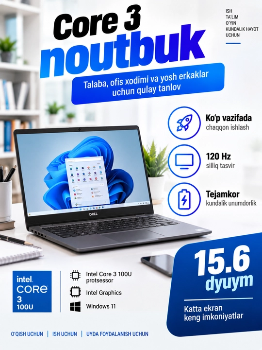 Dell Core 3 100U noutbuk, 15.6" FHD 120Hz, Intel Graphics, Windows 11 - 
