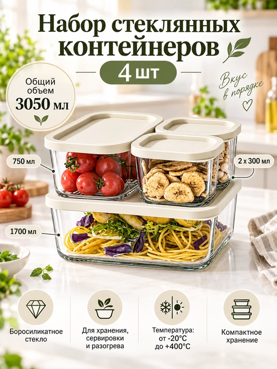 Набор стеклянных контейнеров для еды с крышками - LOVWISH, 4 шт., 300/750/1700 мл - 