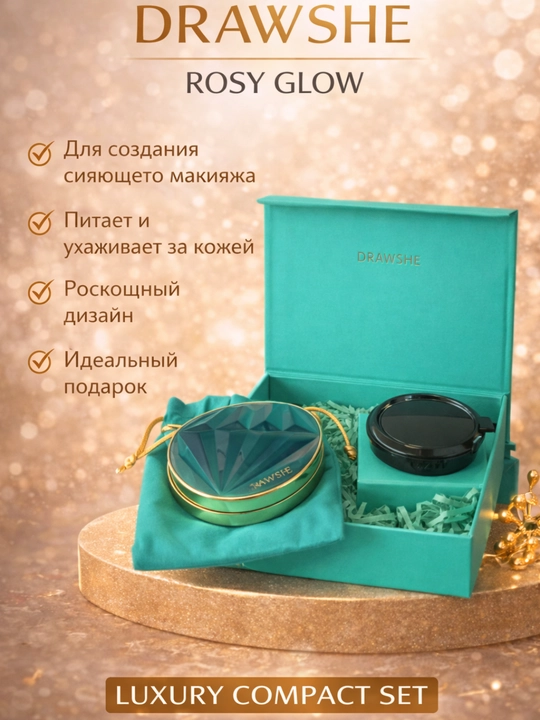 Премиальный набор кушона для лица, с запасным блоком и зеркалом DRAW SHE ROSY GLOW - 