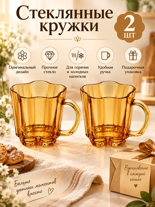 Набор стеклянных кружек для чая и кофе, 350 мл, 2 шт., янтарные, подарочный набор - 