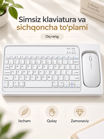 Simsiz klaviatura va sichqoncha to‘plami, qayta zaryadlanuvchi, oq va qora