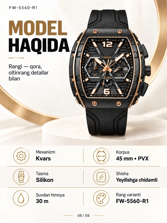 Erkaklar soati FW-5560, kvarts xronograf, 45 mm korpus, silikon, 30 m suv himoya