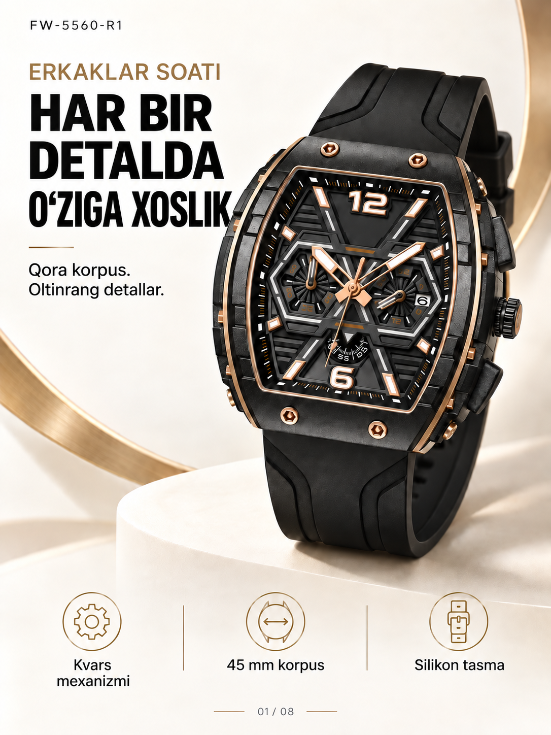 Erkaklar soati FW-5560, kvarts xronograf, 45 mm korpus, silikon, 30 m suv himoya