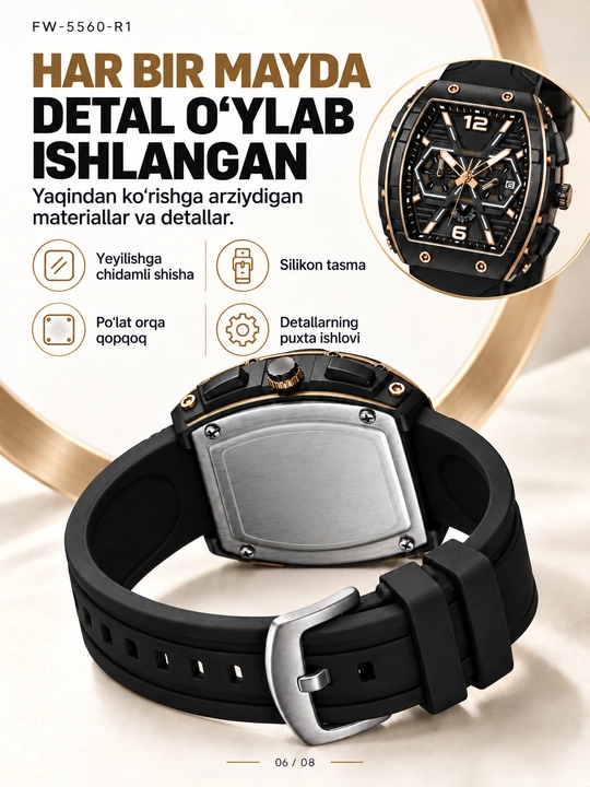 Erkaklar soati FW-5560, kvarts xronograf, 45 mm korpus, silikon, 30 m suv himoya