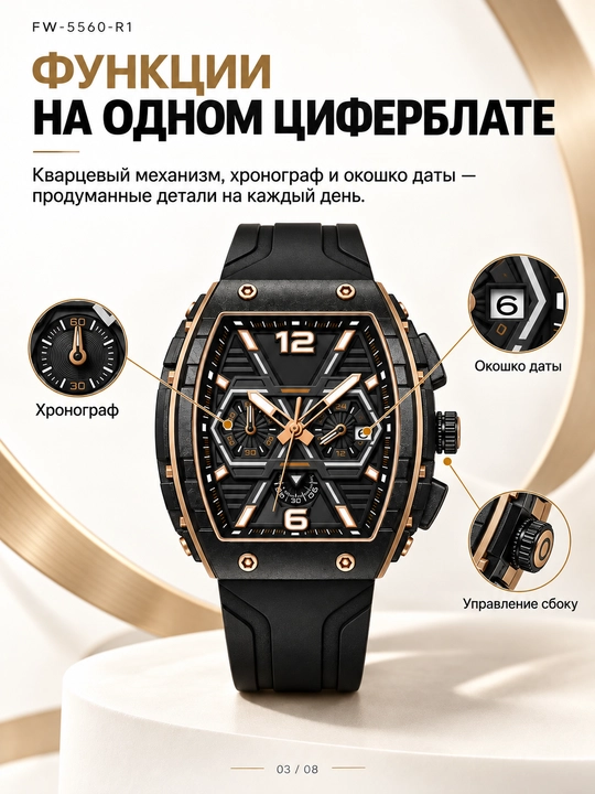 Erkaklar soati FW-5560, kvarts xronograf, 45 mm korpus, silikon, 30 m suv himoya
