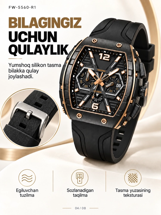 Erkaklar soati FW-5560, kvarts xronograf, 45 mm korpus, silikon, 30 m suv himoya