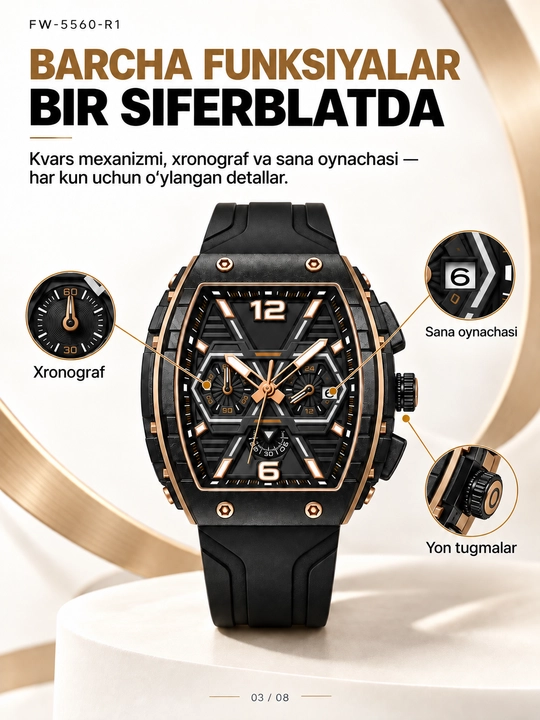 Erkaklar soati FW-5560, kvarts xronograf, 45 mm korpus, silikon, 30 m suv himoya