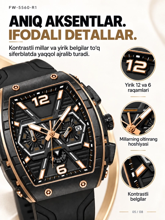 Erkaklar soati FW-5560, kvarts xronograf, 45 mm korpus, silikon, 30 m suv himoya