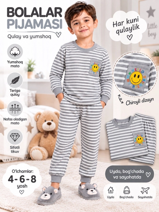 O'g'il va qiz bolalr uchun paxtali pijama to'plami, kuz/qish/bahor - yumshoq kiyimlar - 