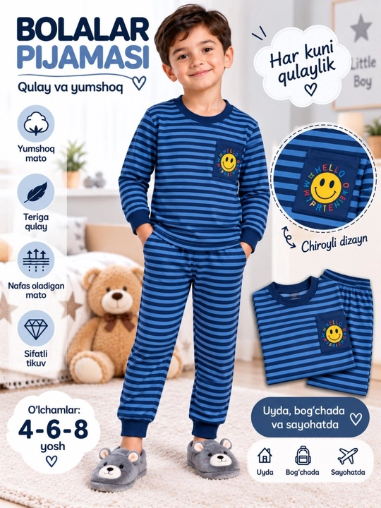 O'g'il va qiz bolalr uchun paxtali pijama to'plami, kuz/qish/bahor - yumshoq kiyimlar - 
