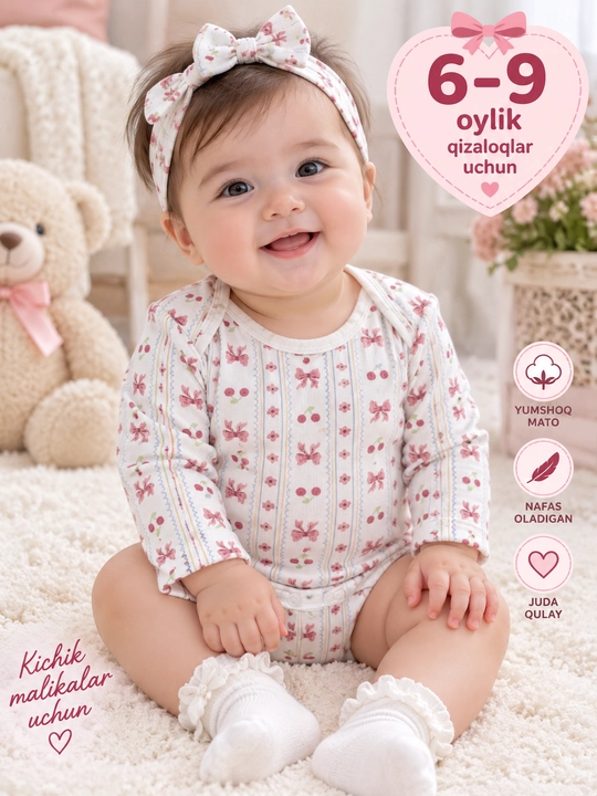 Боди с длинным рукавом для девочки, 6-9 месяцев, хлопок, мягкий