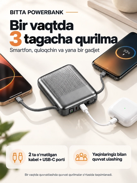 Mini powerbank 20000 mA·soat, 2 kabel Lightning+USB-C, 22,5 Vt gacha, tez quvvat