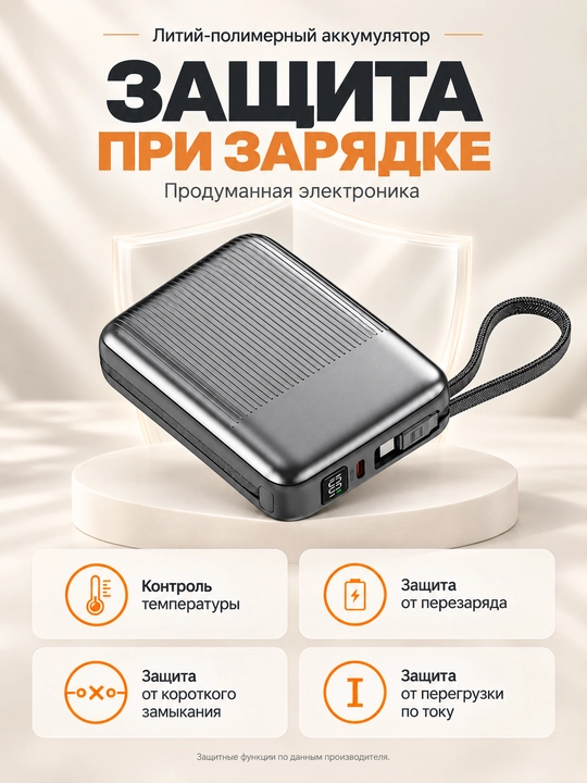 Mini powerbank 20000 mA·soat, 2 kabel Lightning+USB-C, 22,5 Vt gacha, tez quvvat