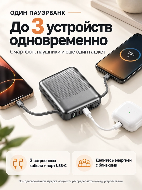 Mini powerbank 20000 mA·soat, 2 kabel Lightning+USB-C, 22,5 Vt gacha, tez quvvat