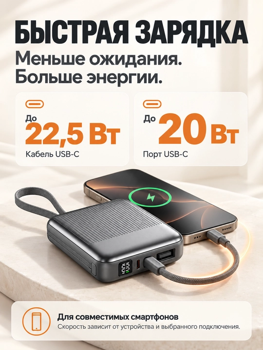 Mini powerbank 20000 mA·soat, 2 kabel Lightning+USB-C, 22,5 Vt gacha, tez quvvat