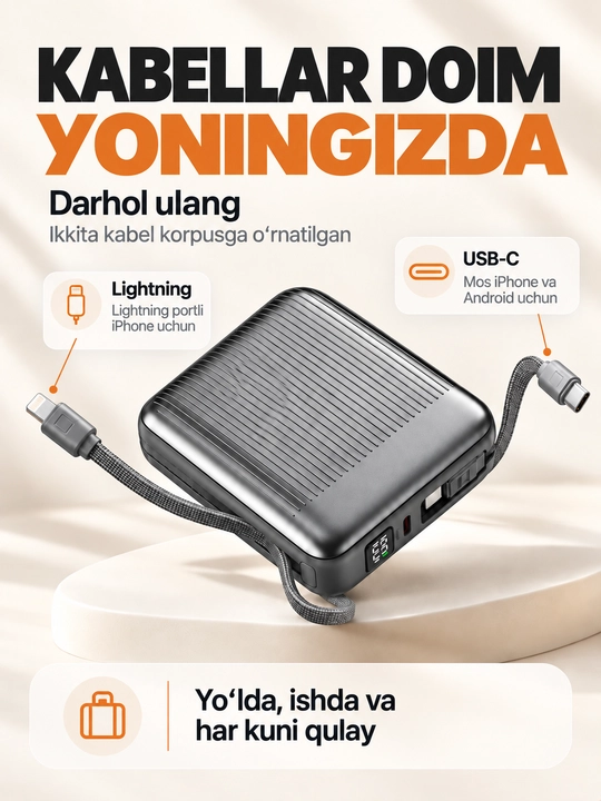 Mini powerbank 20000 mA·soat, 2 kabel Lightning+USB-C, 22,5 Vt gacha, tez quvvat