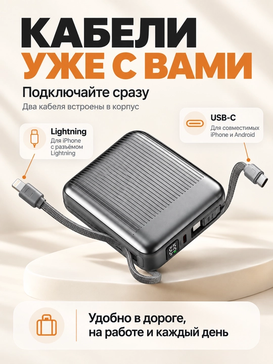 Mini powerbank 20000 mA·soat, 2 kabel Lightning+USB-C, 22,5 Vt gacha, tez quvvat