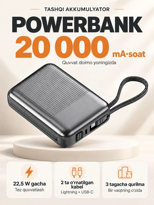Mini powerbank 20000 mA·soat, 2 kabel Lightning+USB-C, 22,5 Vt gacha, tez quvvat