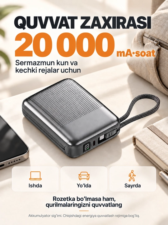 Mini powerbank 20000 mA·soat, 2 kabel Lightning+USB-C, 22,5 Vt gacha, tez quvvat