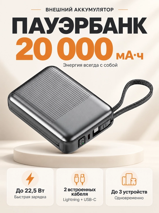 Mini powerbank 20000 mA·soat, 2 kabel Lightning+USB-C, 22,5 Vt gacha, tez quvvat - 