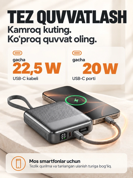 Mini powerbank 20000 mA·soat, 2 kabel Lightning+USB-C, 22,5 Vt gacha, tez quvvat