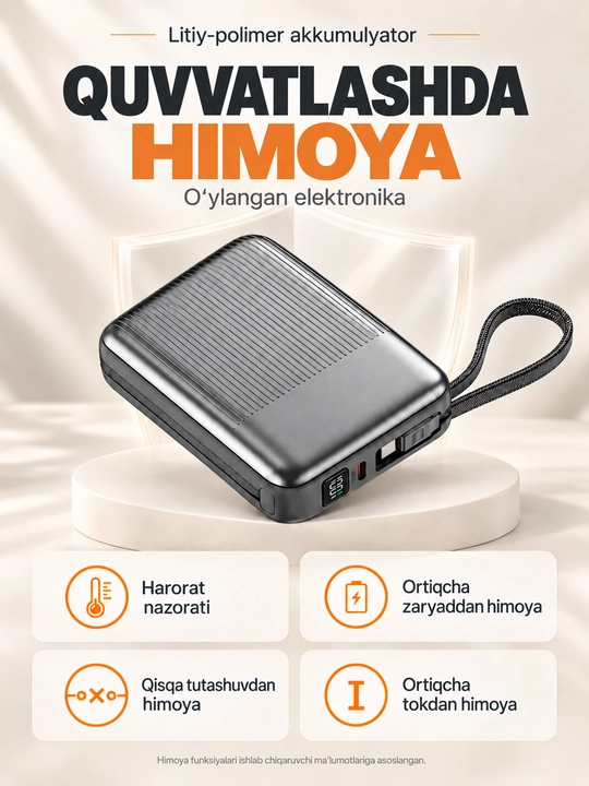 Mini powerbank 20000 mA·soat, 2 kabel Lightning+USB-C, 22,5 Vt gacha, tez quvvat