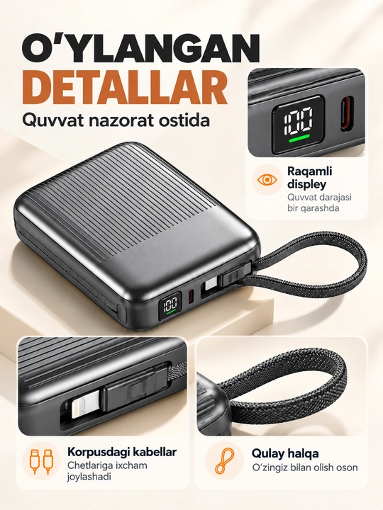 Mini powerbank 20000 mA·soat, 2 kabel Lightning+USB-C, 22,5 Vt gacha, tez quvvat