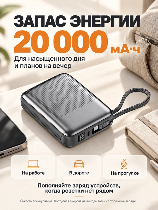 Mini powerbank 20000 mA·soat, 2 kabel Lightning+USB-C, 22,5 Vt gacha, tez quvvat