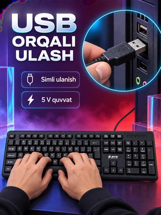 JITE KB-102 simli klaviatura, USB ulanish, raqamli blok, 104 tugmali
