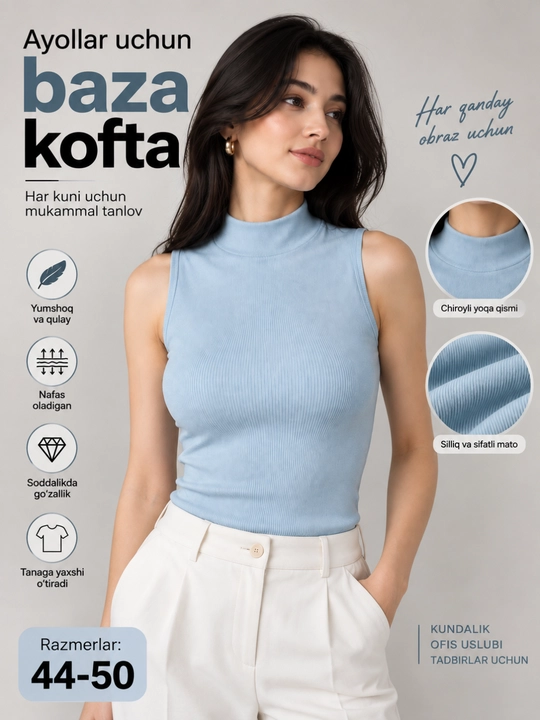 Кроп-топ со стойкой, женская базовая кофта без рукавов, 95% хлопок, размеры 44–50, Китай
