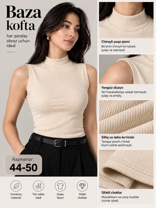 Кроп-топ со стойкой, женская базовая кофта без рукавов, 95% хлопок, размеры 44–50, Китай