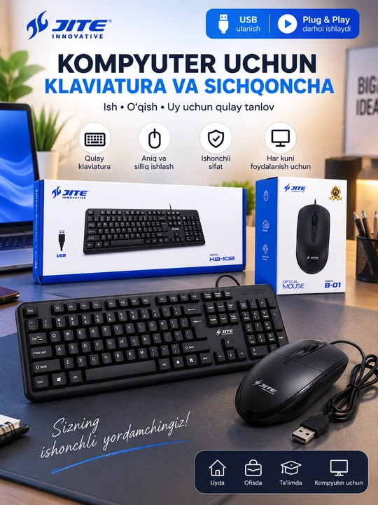 Проводная клавиатура JITE KB-102 и оптическая мышь B-01, USB, для компьютера - 