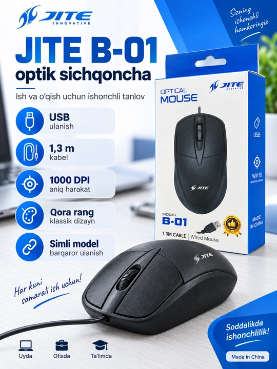 JITE KB-102 simli klaviatura va B-01 optik sichqoncha, USB, kompyuter uchun