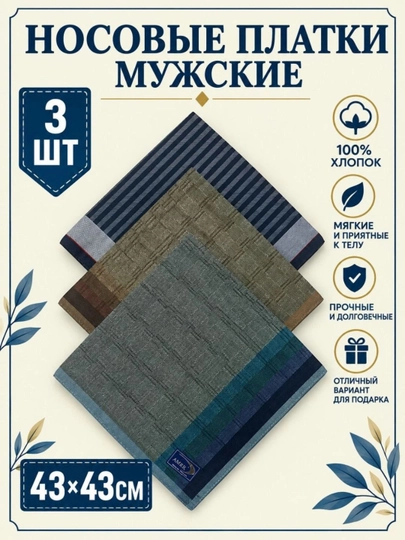 Современные мужские носовые платки, 100% хлопок, набор 2, 3, 4 шт