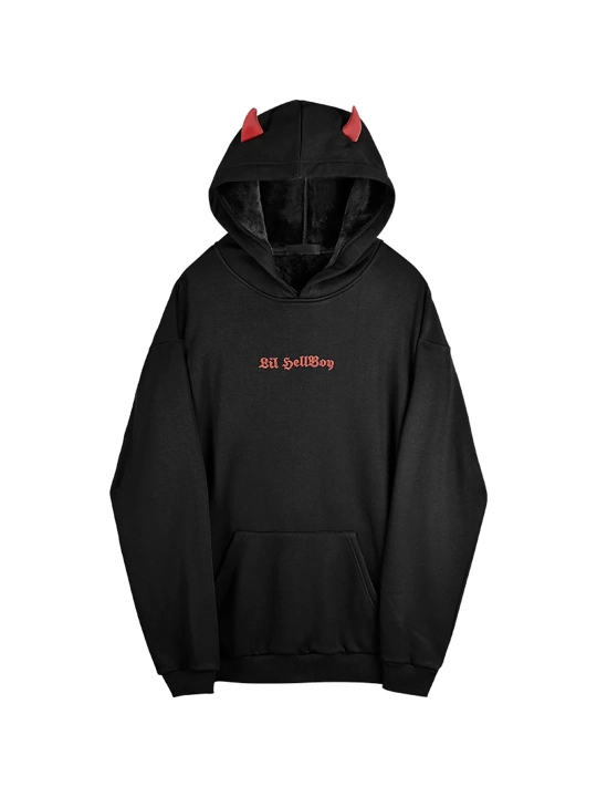 Худи унисекс HellBoy Oversize, с рожками и декоративными крыльями, черное